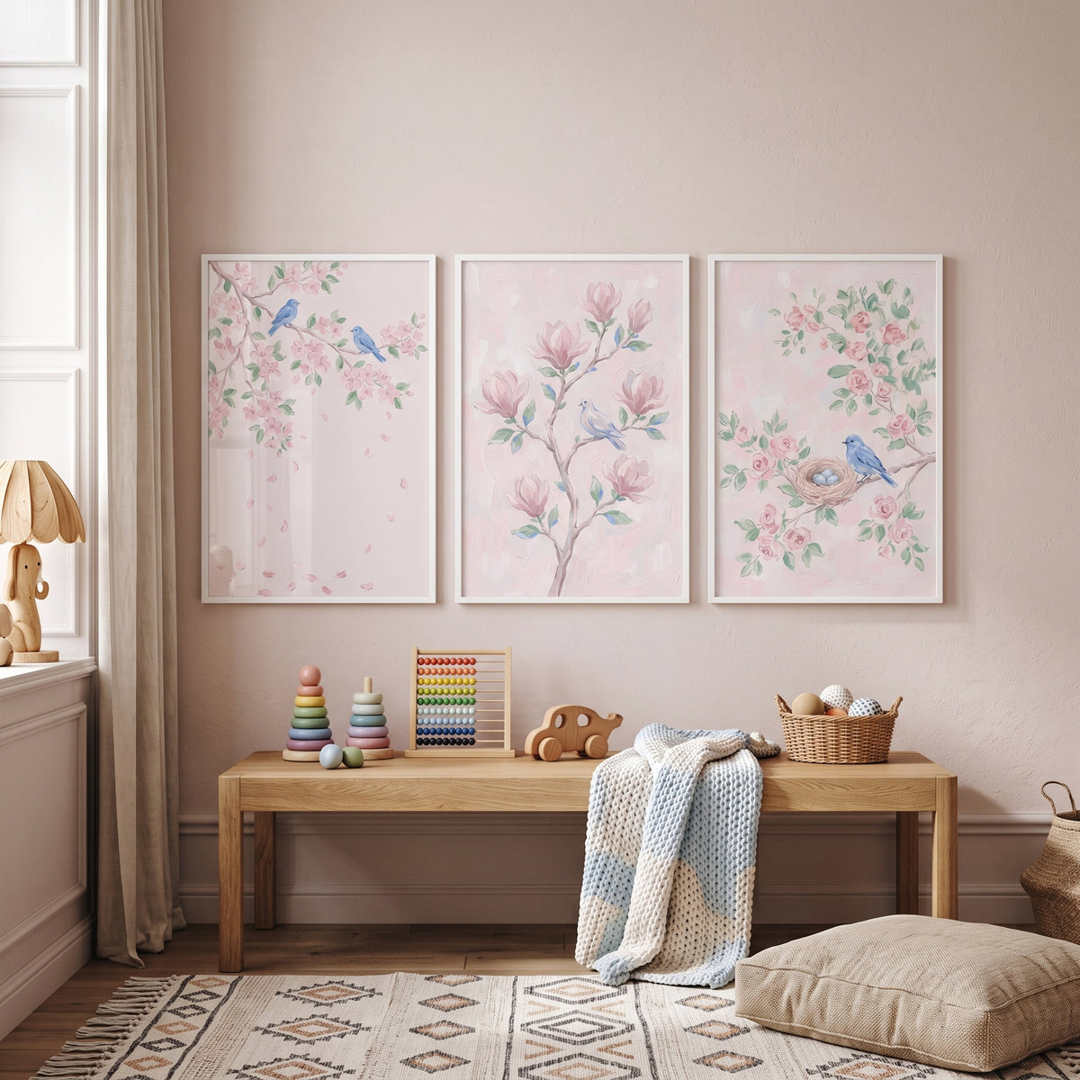 Blush Pink Blue Bird Wall Art Set of 3 - Spring Blossom Trio