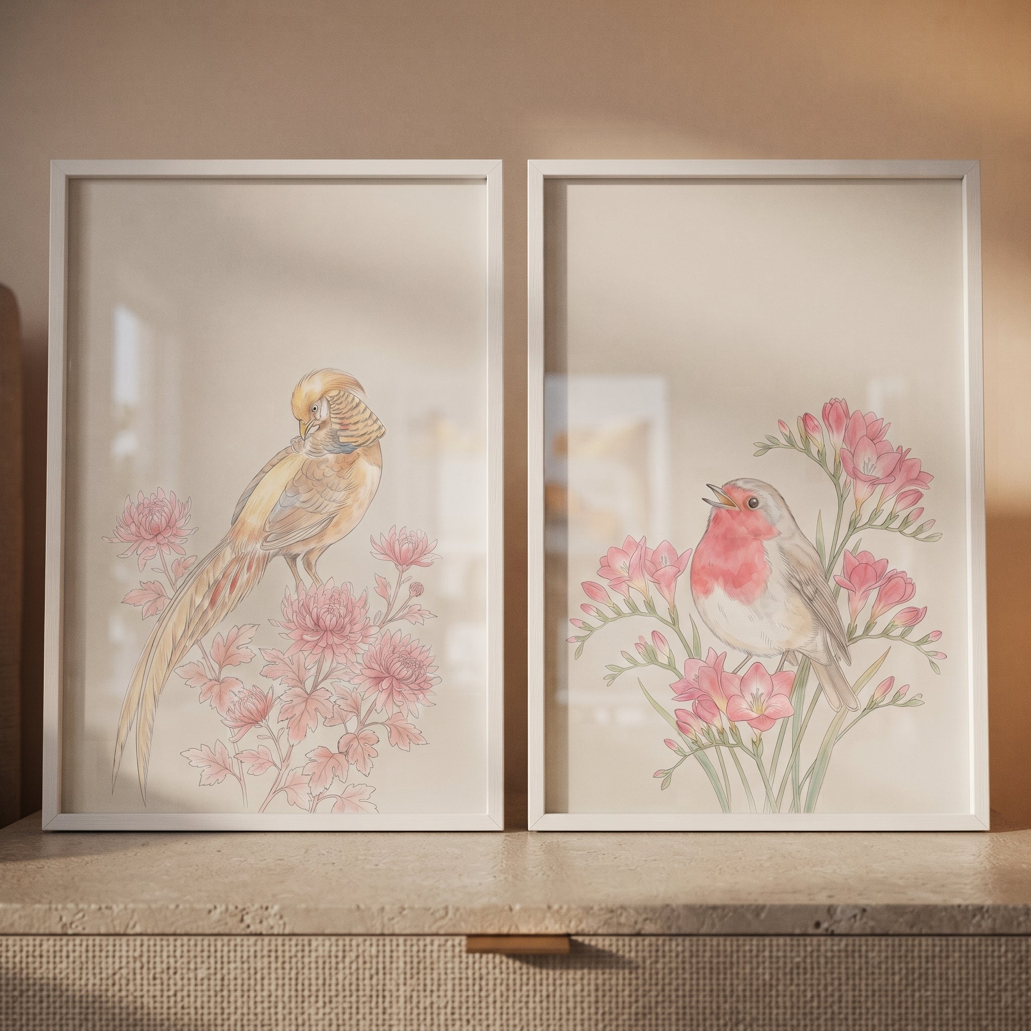 Blush Pink Botanical Bird Wall Art Set of 2 - Serene Songbird Duo