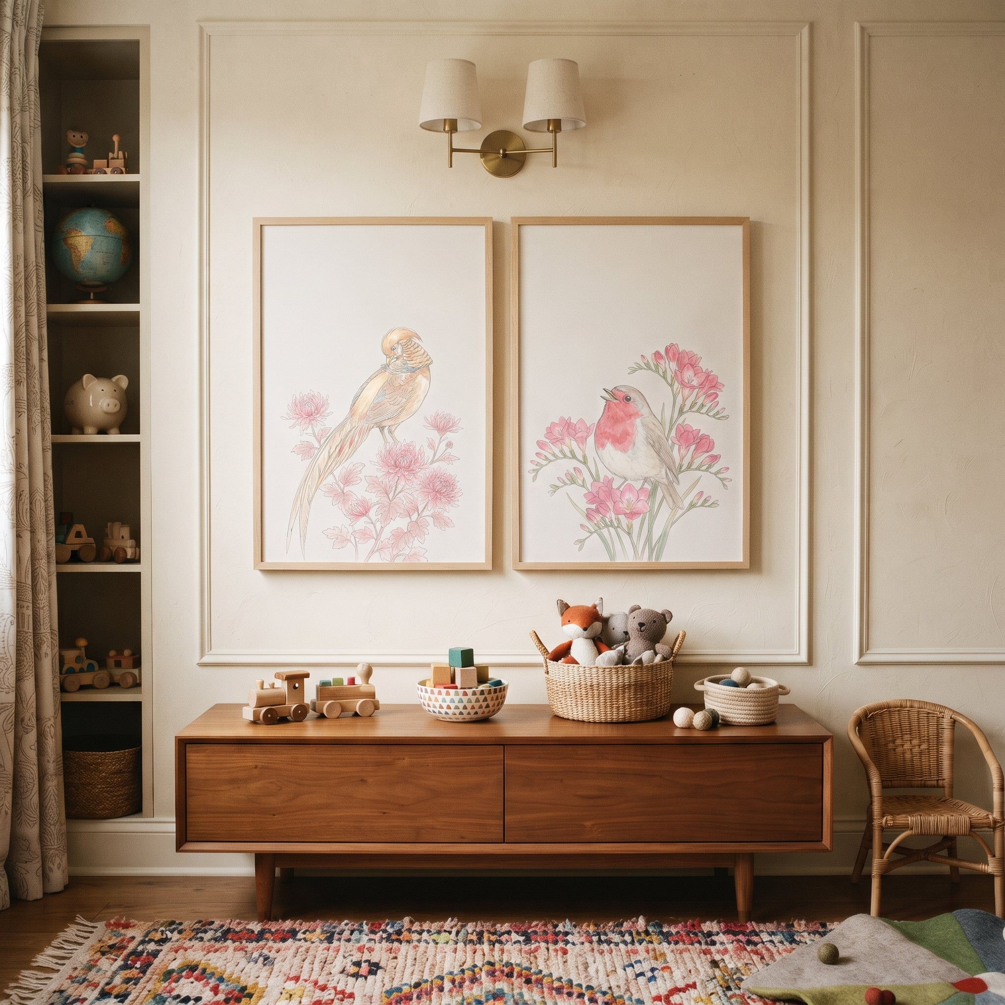 Blush Pink Botanical Bird Wall Art Set of 2 - Serene Songbird Duo