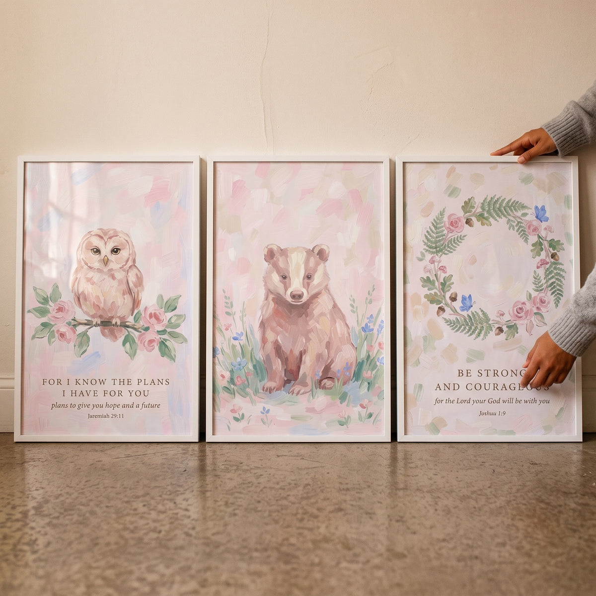 Blush pink botanical nature wall art set of 3 featuring a watercolor owl, badger, and floral wreath with Bible verses.