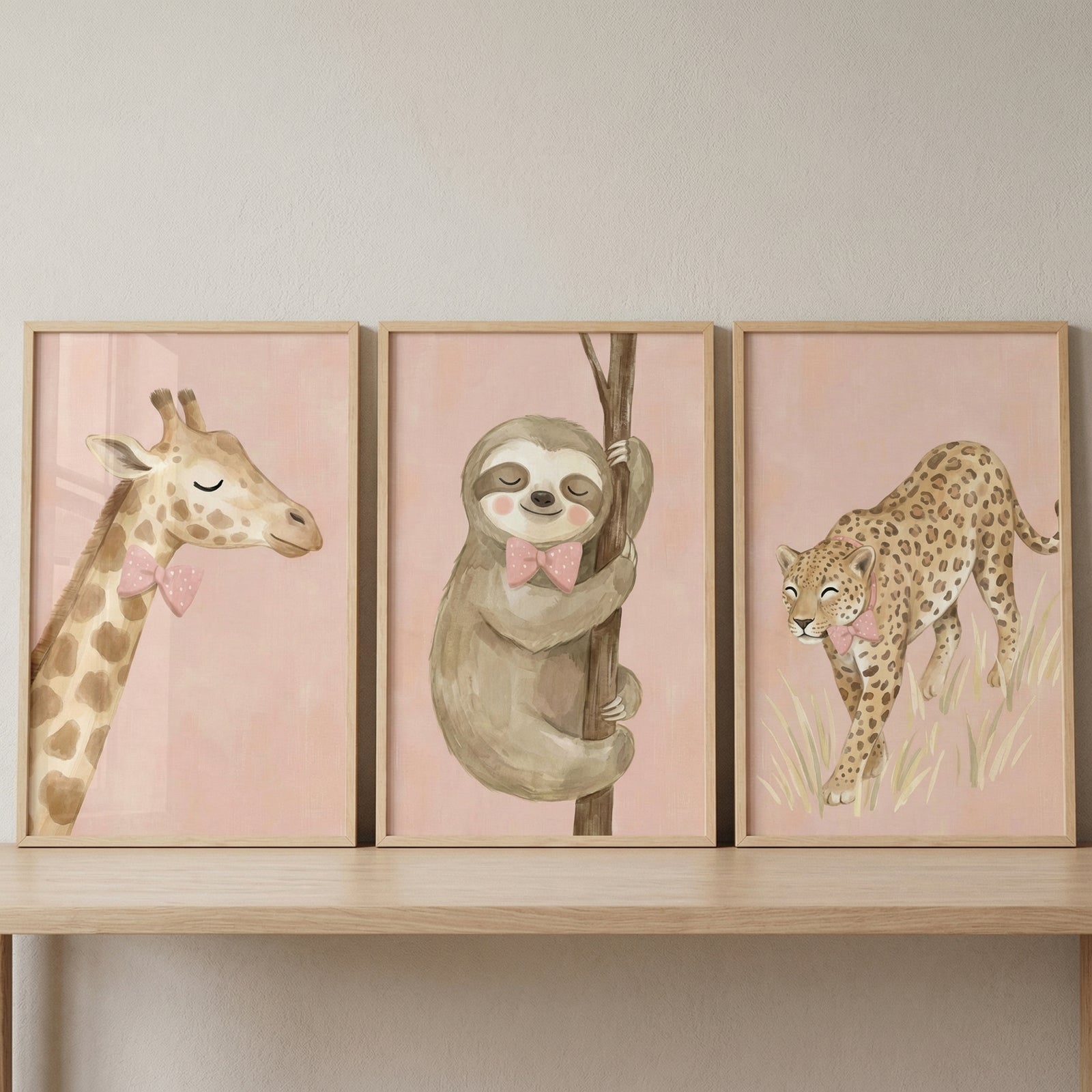 A series of three vertically-oriented framed artworks is displayed on a light-toned wooden shelf against a neutral wall. Each piece features a different animal rendered in a soft, illustrative style against a pale pink background.