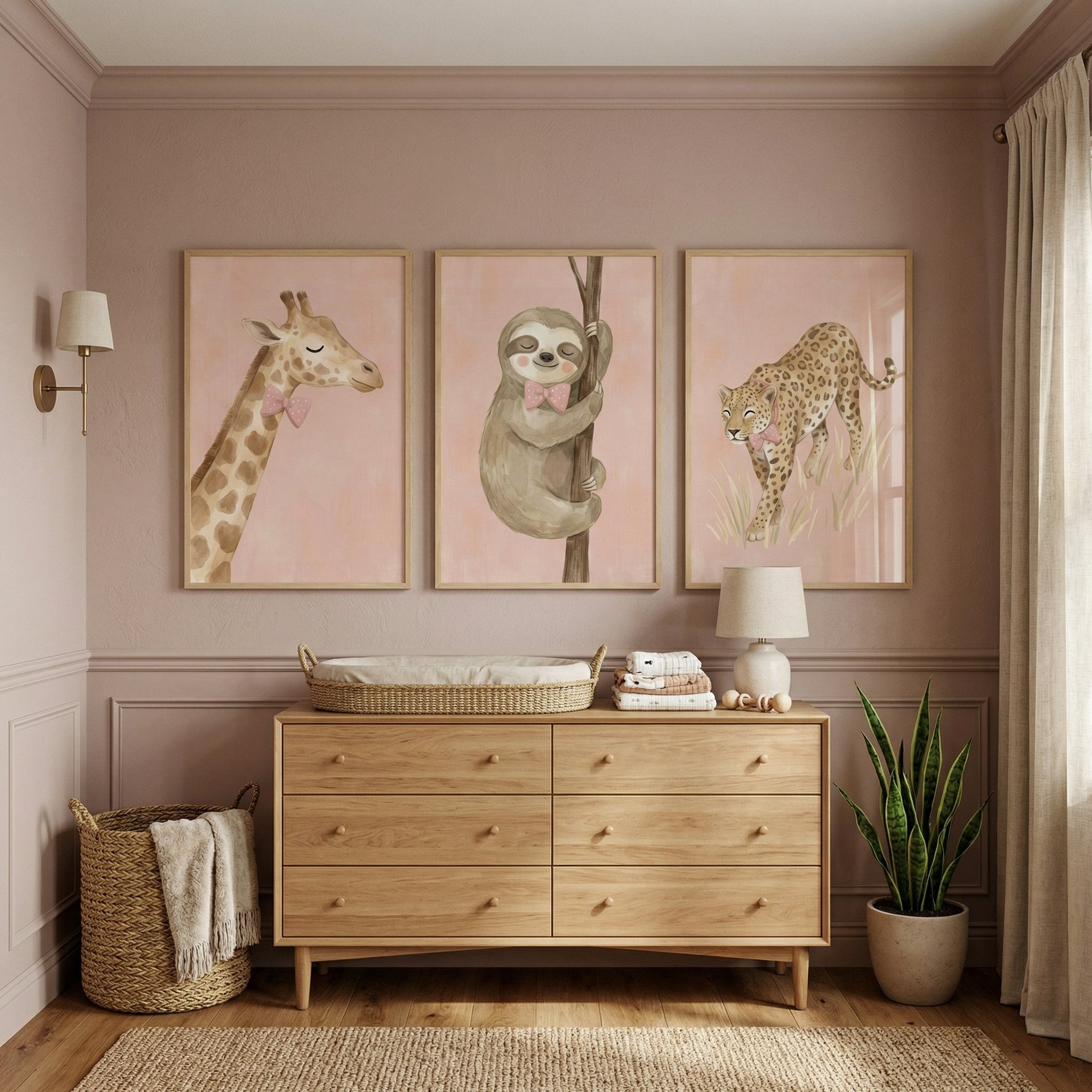 Blush Pink Bow Animal Wall Art Set of 3 - Pink Bowtie Safari