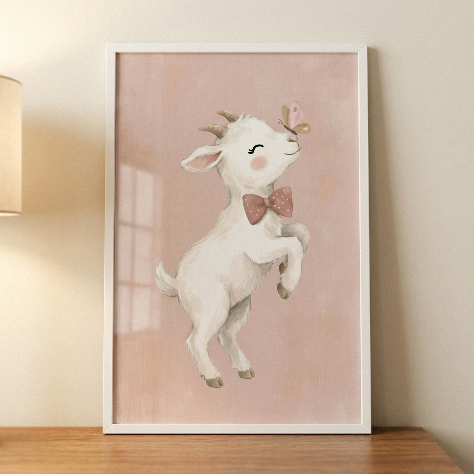 A framed illustration shows a small, white baby goat with tiny horns and rosy cheeks. The goat wears a pink bow tie with white polka dots and stands on its back legs. A soft pink butterfly rests on the tip of the goat's nose as it has a happy expression with its eyes closed. The background of the artwork is a textured pink shade. The white rectangular frame is mounted on a light-colored wall, positioned above a wooden surface. A portion of a lamp is visible on the left side.
