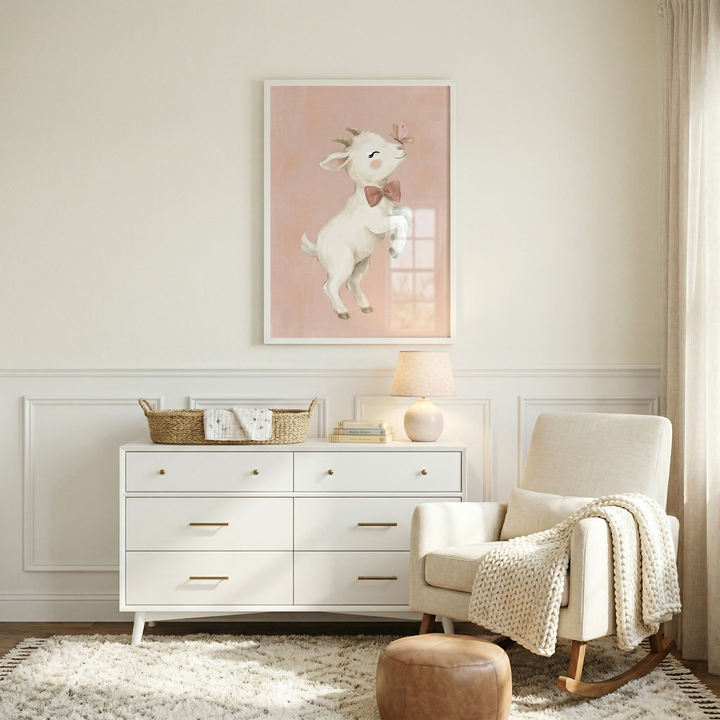 A serene and stylish nursery interior features a large framed illustration on a neutral wall with lower paneling. The artwork shows a cute white baby goat with a tiny pink bow tie looking up at a butterfly on a soft pink background. Below the art is a white six-drawer dresser with gold-finished hardware and tapered legs. The top of the dresser is styled with a rectangular wicker basket, a small stack of books, and a lamp with a rounded ceramic base and a beige shade. 