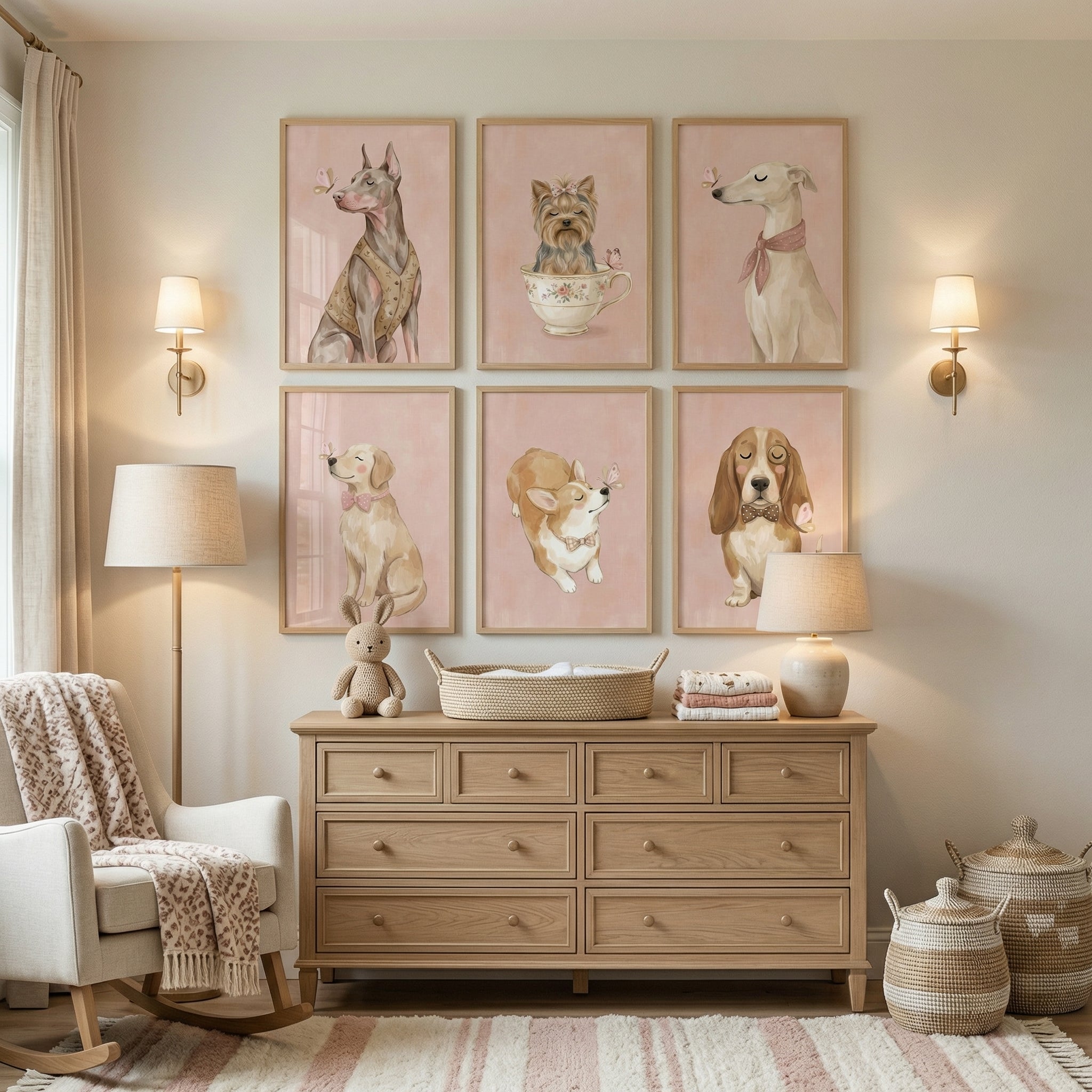Blush Pink Butterfly Dog Wall Art Set of 6 - Whimsical Puppy Friends