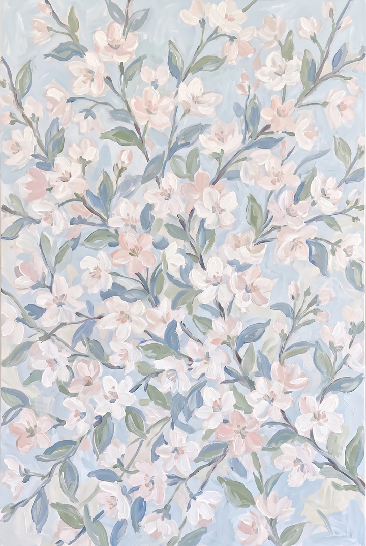 Soft blush pink cherry blossom floral wall art featuring delicate petals and muted green leaves on a light blue background.
