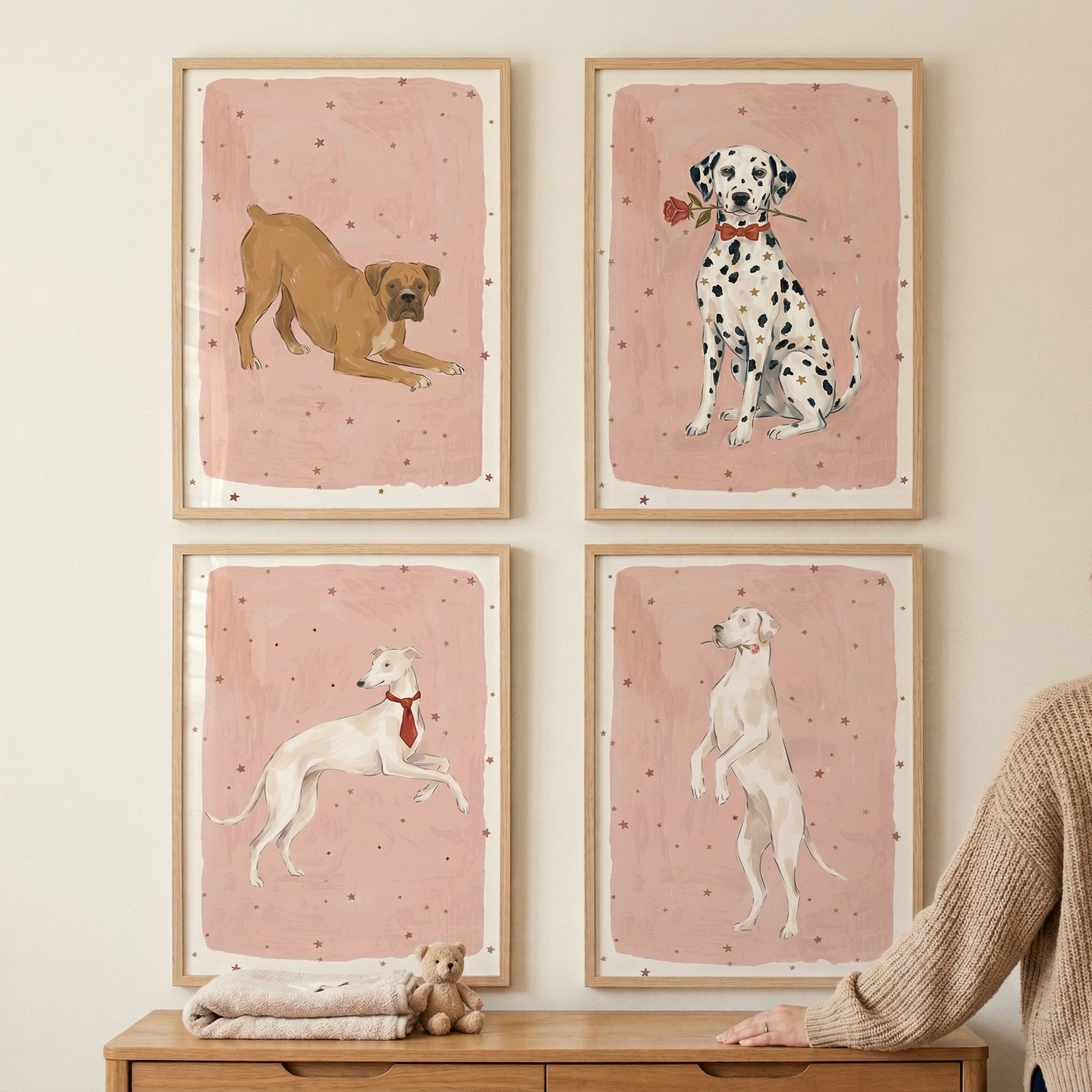 Blush Pink Dog Wall Art Set of 4 - Dapper Dog Portraits