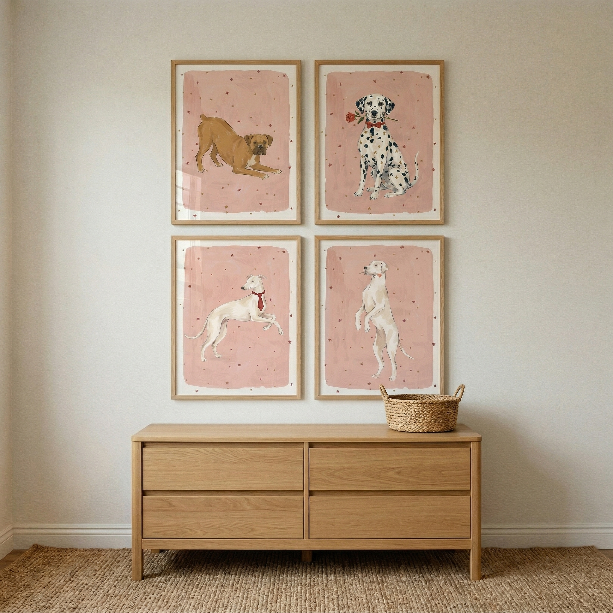 Blush Pink Dog Wall Art Set of 4 - Dapper Dog Portraits