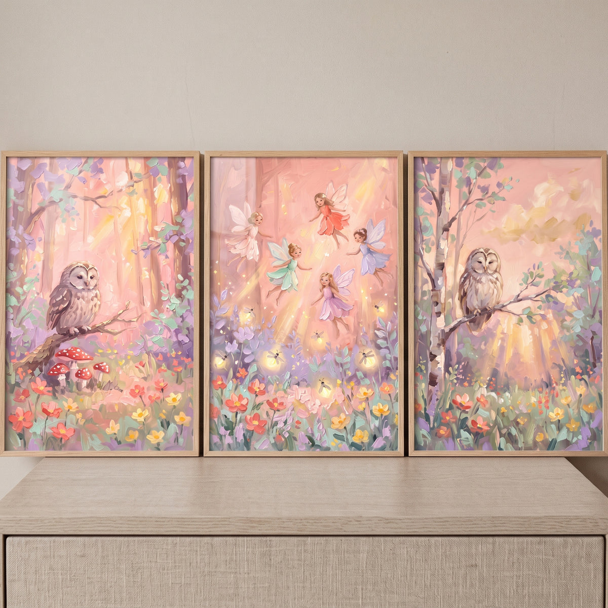 Blush Pink Enchanted Forest Wall Art Set of 3 - Whimsical Woodland Glow