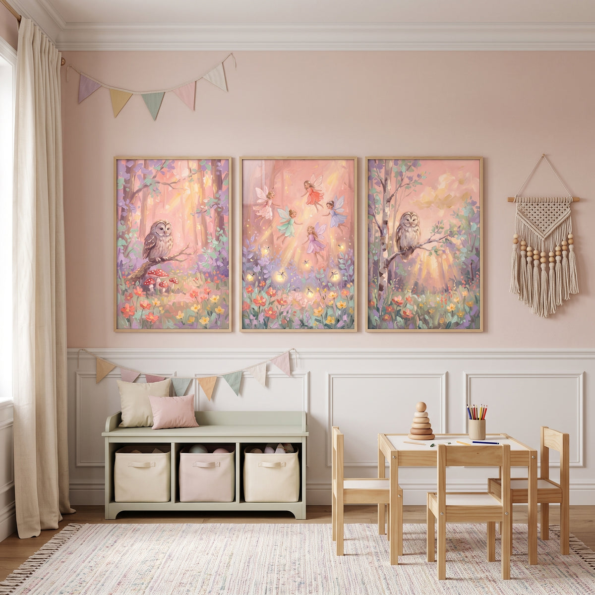 Blush Pink Enchanted Forest Wall Art Set of 3 - Whimsical Woodland Glow