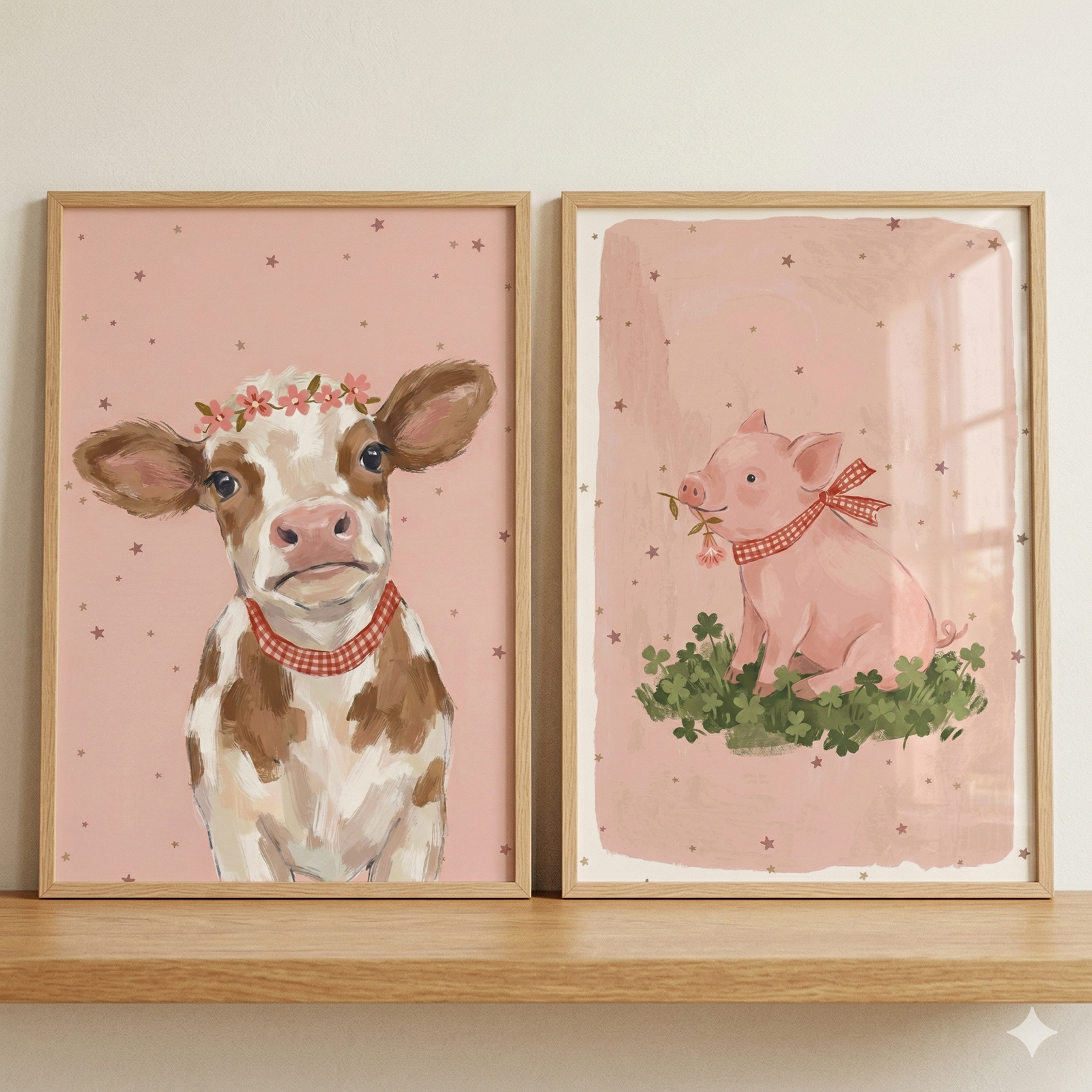 Two wooden frames sit side-by-side on a light-colored wooden shelf against a plain wall. Each frame holds a whimsical illustration on a soft pink background dotted with tiny brown stars. The left illustration features a brown and white calf wearing a pink flower crown and a red and white checkered collar. The right illustration depicts a small pink pig sitting on a bed of green clover, adorned with a red and white checkered bow and holding a tiny pink blossom in its mouth.