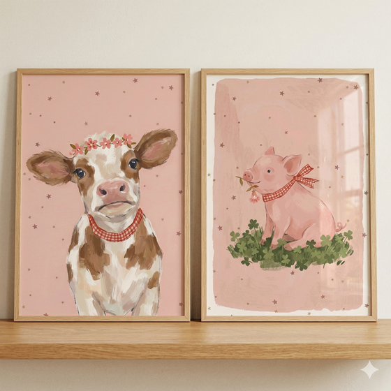 Two wooden frames sit side-by-side on a light-colored wooden shelf against a plain wall. Each frame holds a whimsical illustration on a soft pink background dotted with tiny brown stars. The left illustration features a brown and white calf wearing a pink flower crown and a red and white checkered collar. The right illustration depicts a small pink pig sitting on a bed of green clover, adorned with a red and white checkered bow and holding a tiny pink blossom in its mouth.