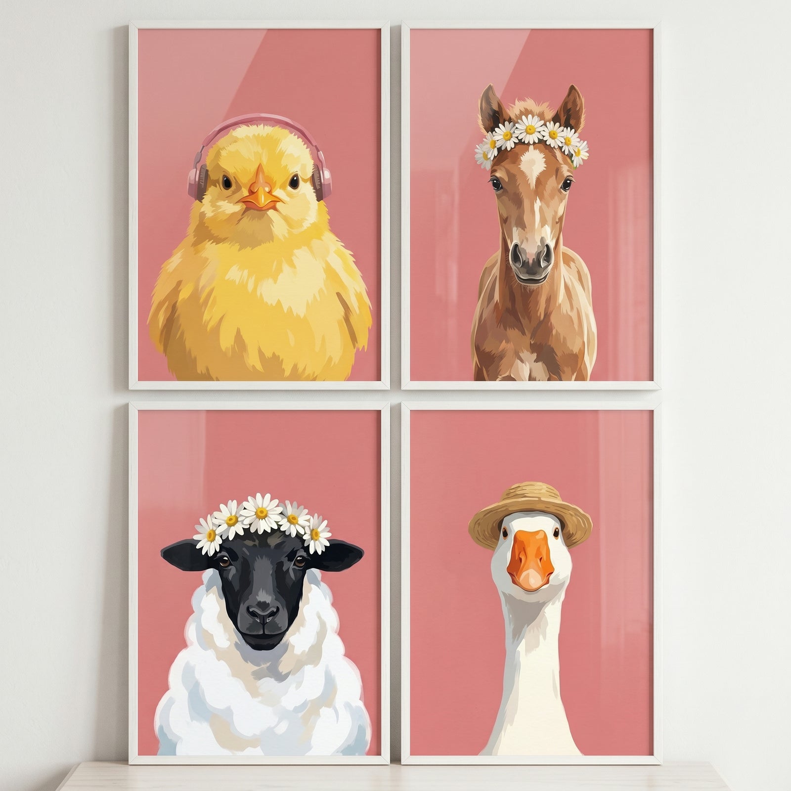 Blush pink farm animal wall art set of 4 featuring a chick, foal, sheep, and goose wearing accessories on pink backgrounds.