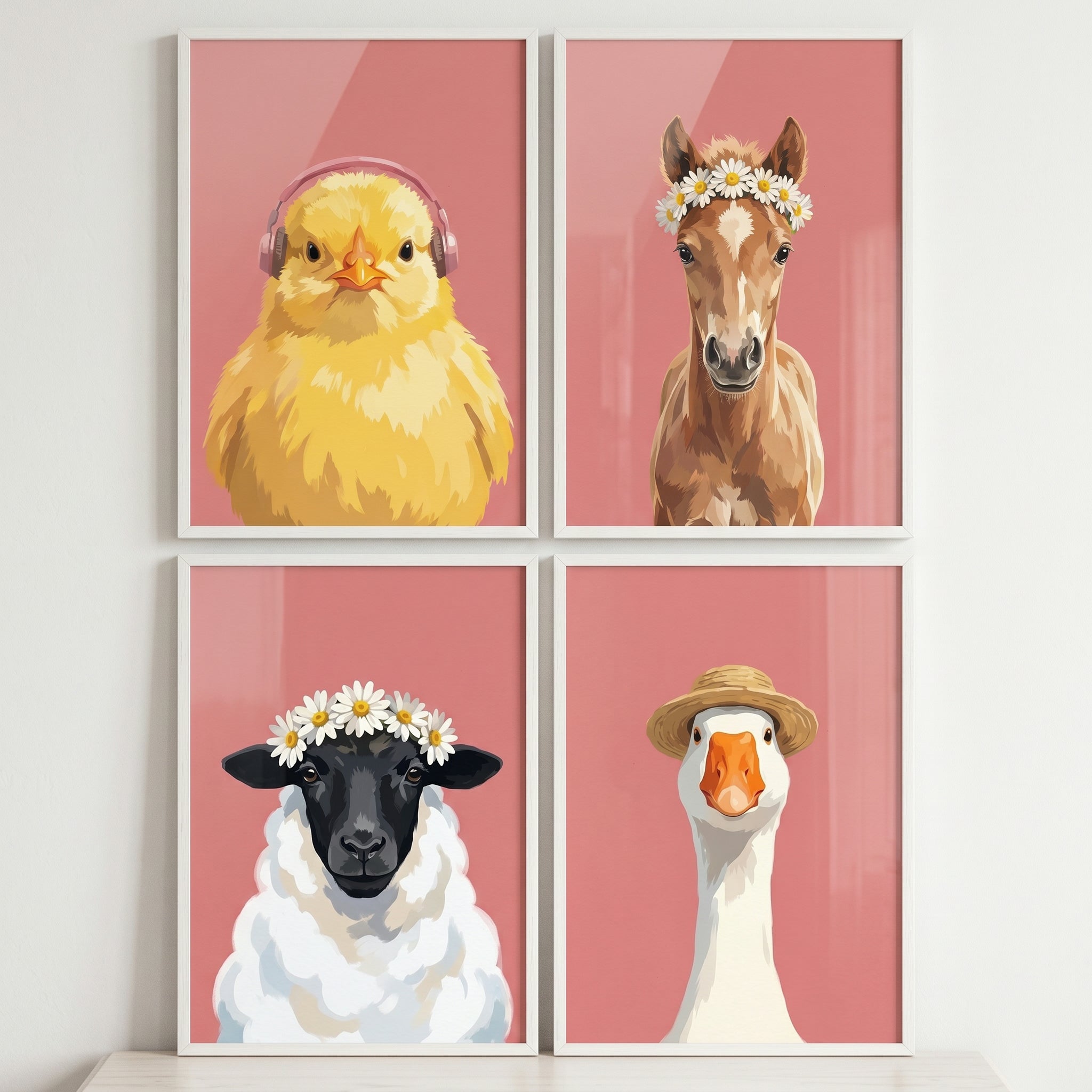 Blush Pink Farm Animal Wall Art Set of 4 - Cute Farm Friends