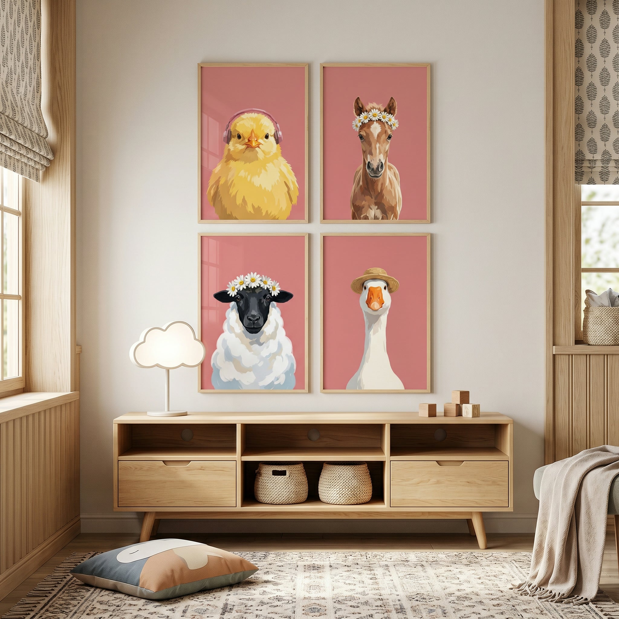 Blush Pink Farm Animal Wall Art Set of 4 - Cute Farm Friends