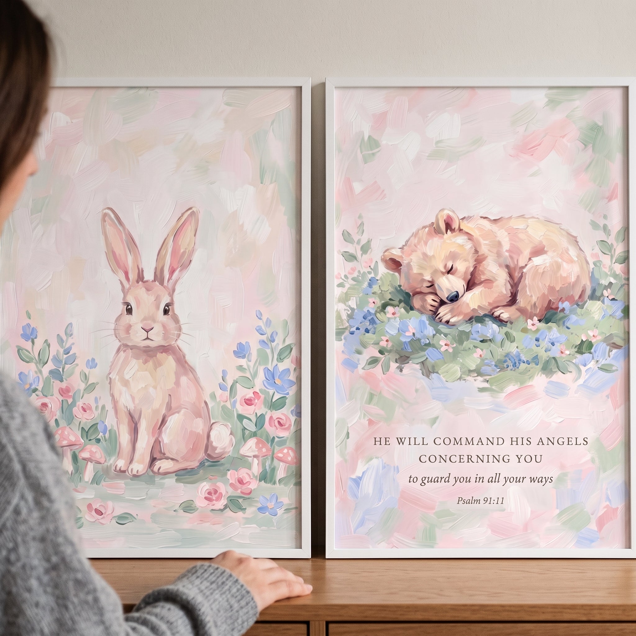 Blush Pink Floral Animals Wall Art Set of 2 - Pastel Meadow Scripture