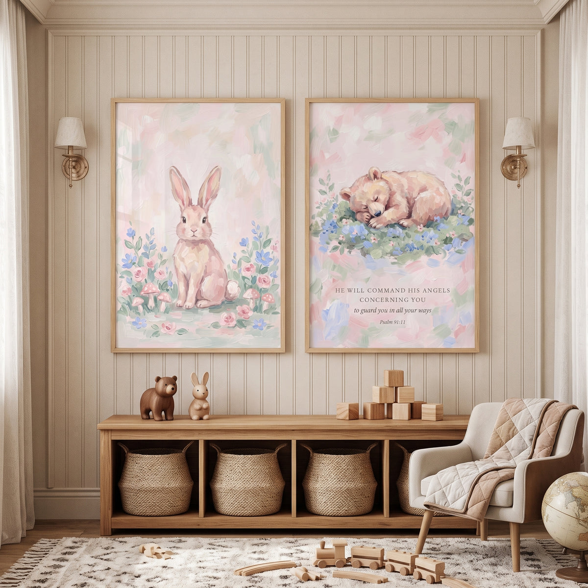 Blush Pink Floral Animals Wall Art Set of 2 - Pastel Meadow Scripture