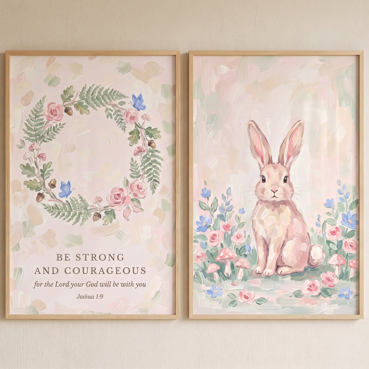 Blush Pink Floral Forest Animals Wall Art Set of 2 - Brave Woodland Bunny