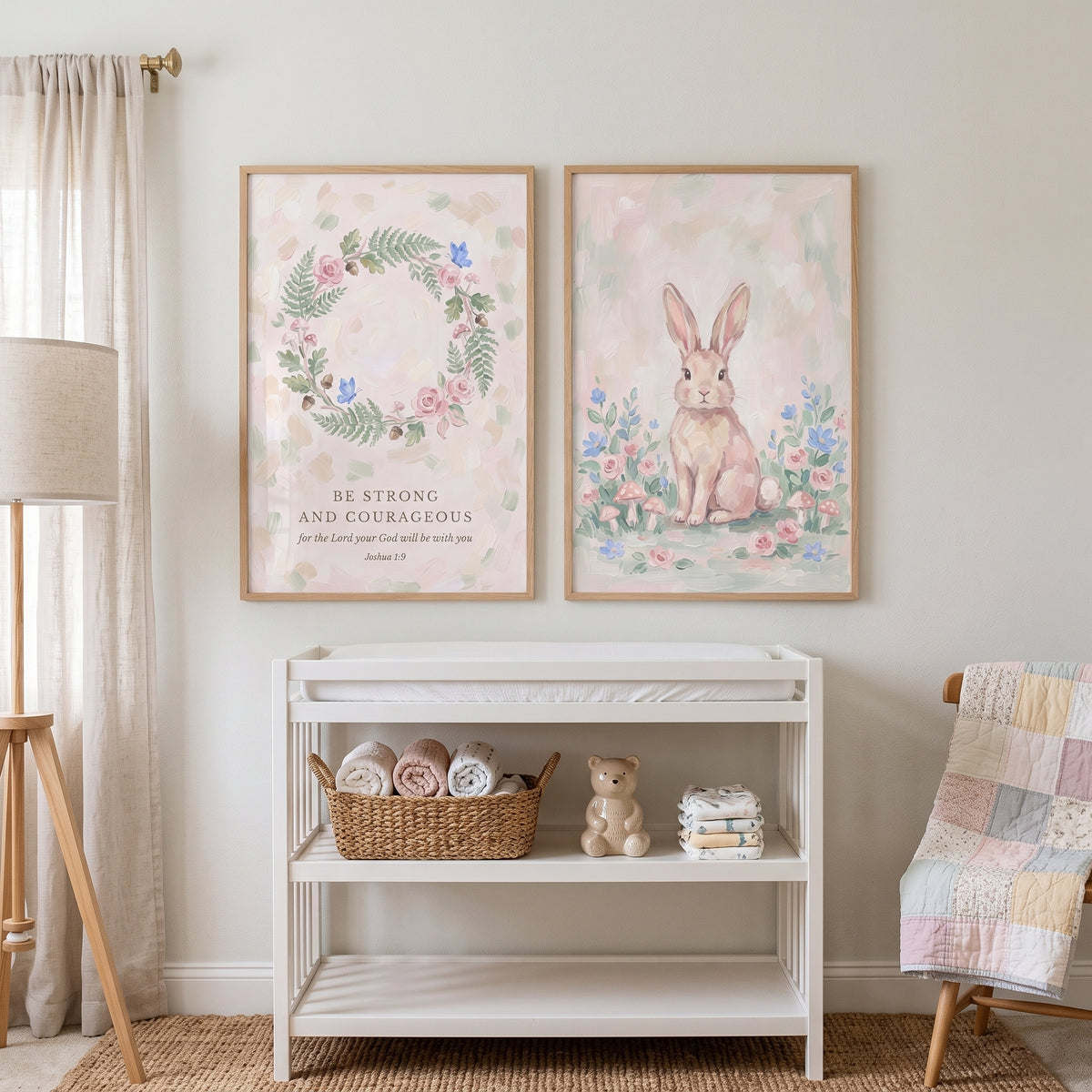 Blush Pink Floral Forest Animals Wall Art Set of 2 - Brave Woodland Bunny