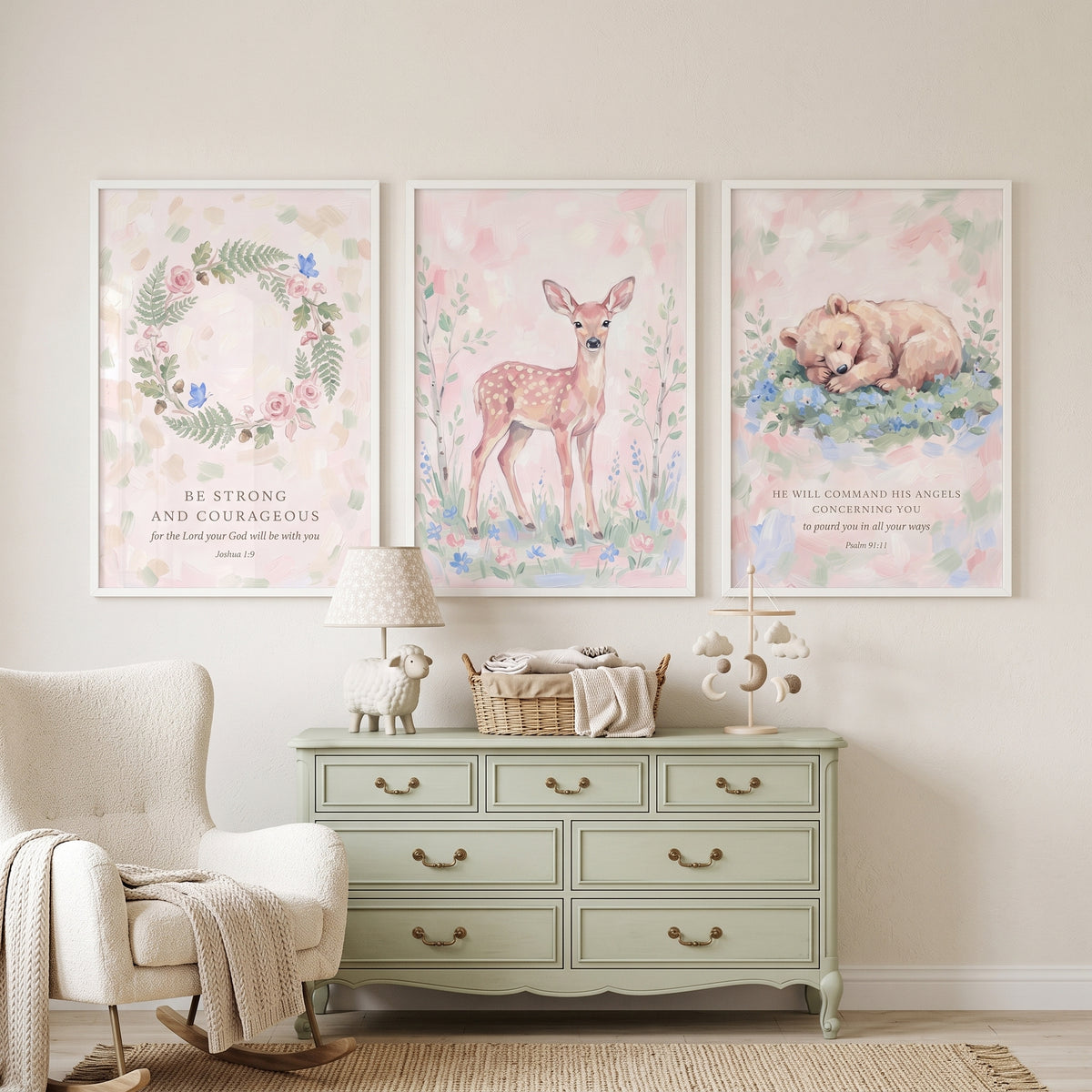 Blush Pink Floral Scripture Bible Wall Art Set of 3 - Gentle Faith Nursery