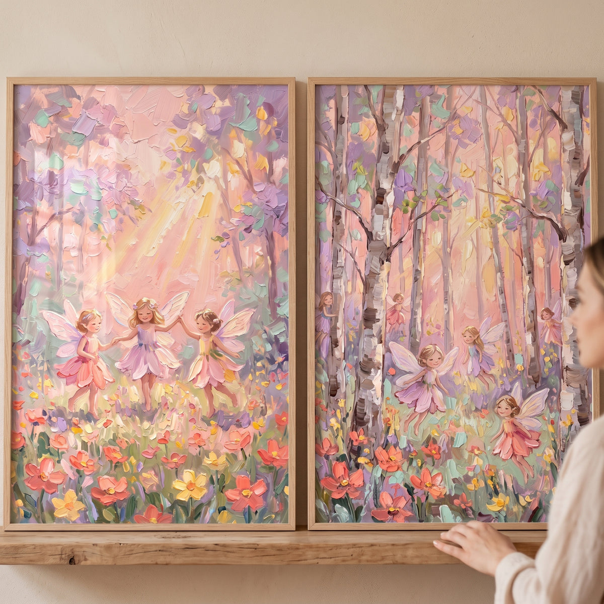 Blush pink flower fairy wall art set of 2 featuring winged figures in a textured sunlit forest with soft pastel blooms.