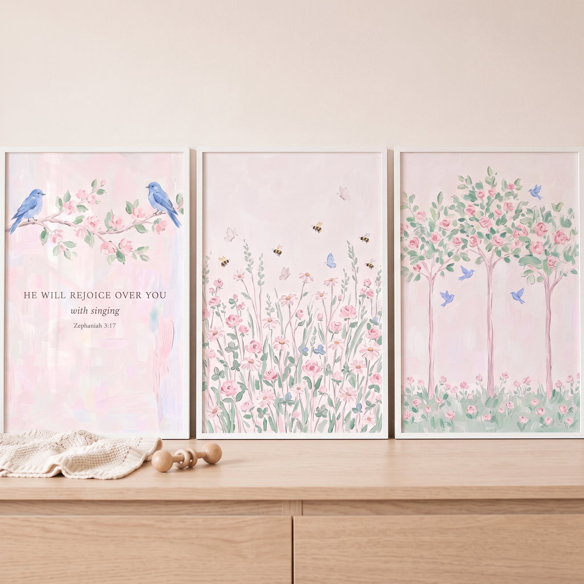 Blush Pink Flower Garden Wall Art Set of 3 - Floral Songbird Trio