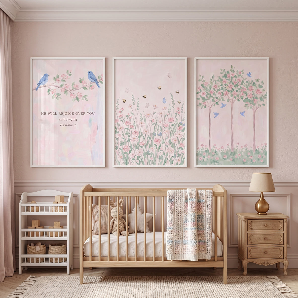 Blush Pink Flower Garden Wall Art Set of 3 - Floral Songbird Trio