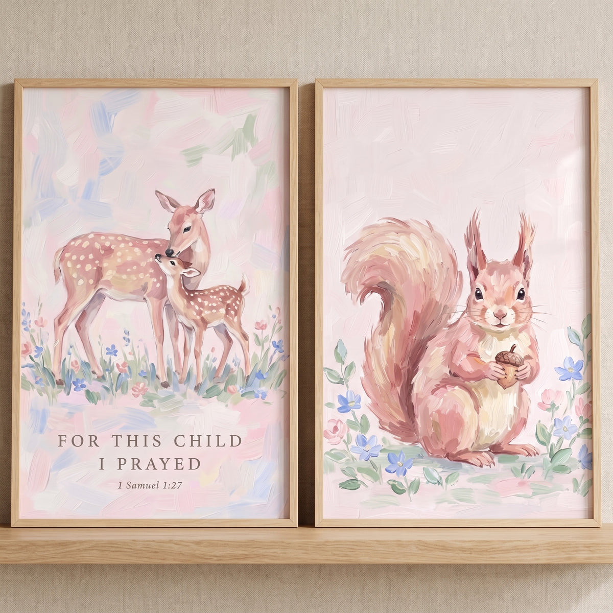 Blush Pink Forest Animals Wall Art Set of 2 - Sweet Forest Blessings