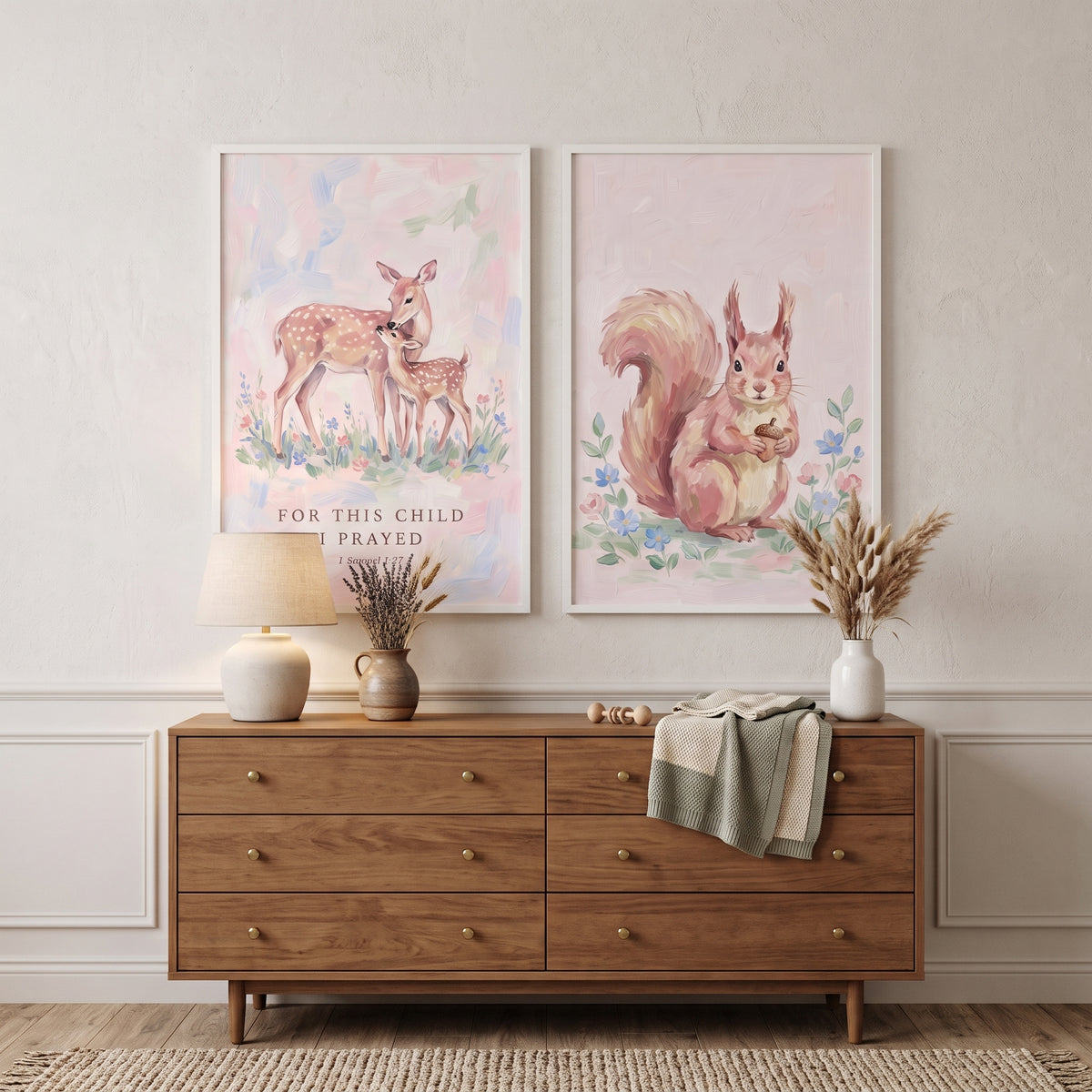 Blush Pink Forest Animals Wall Art Set of 2 - Sweet Forest Blessings