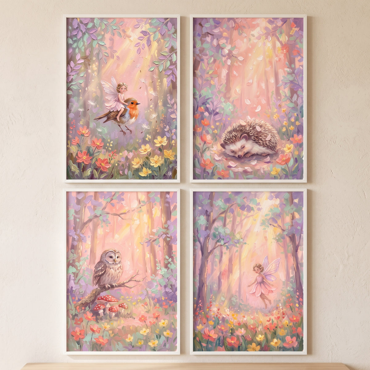 Blush Pink Forest Wall Art Set of 4 - Pastel Fairy Glade