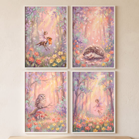 Blush pink forest wall art set of 4 with fairies, a hedgehog, an owl, and a bird in a soft pastel woodland setting.