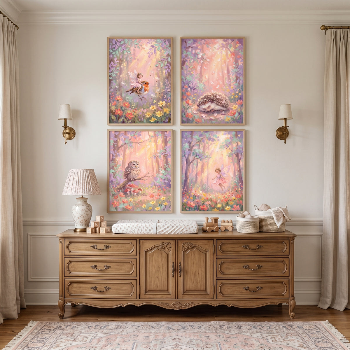 Blush Pink Forest Wall Art Set of 4 - Pastel Fairy Glade