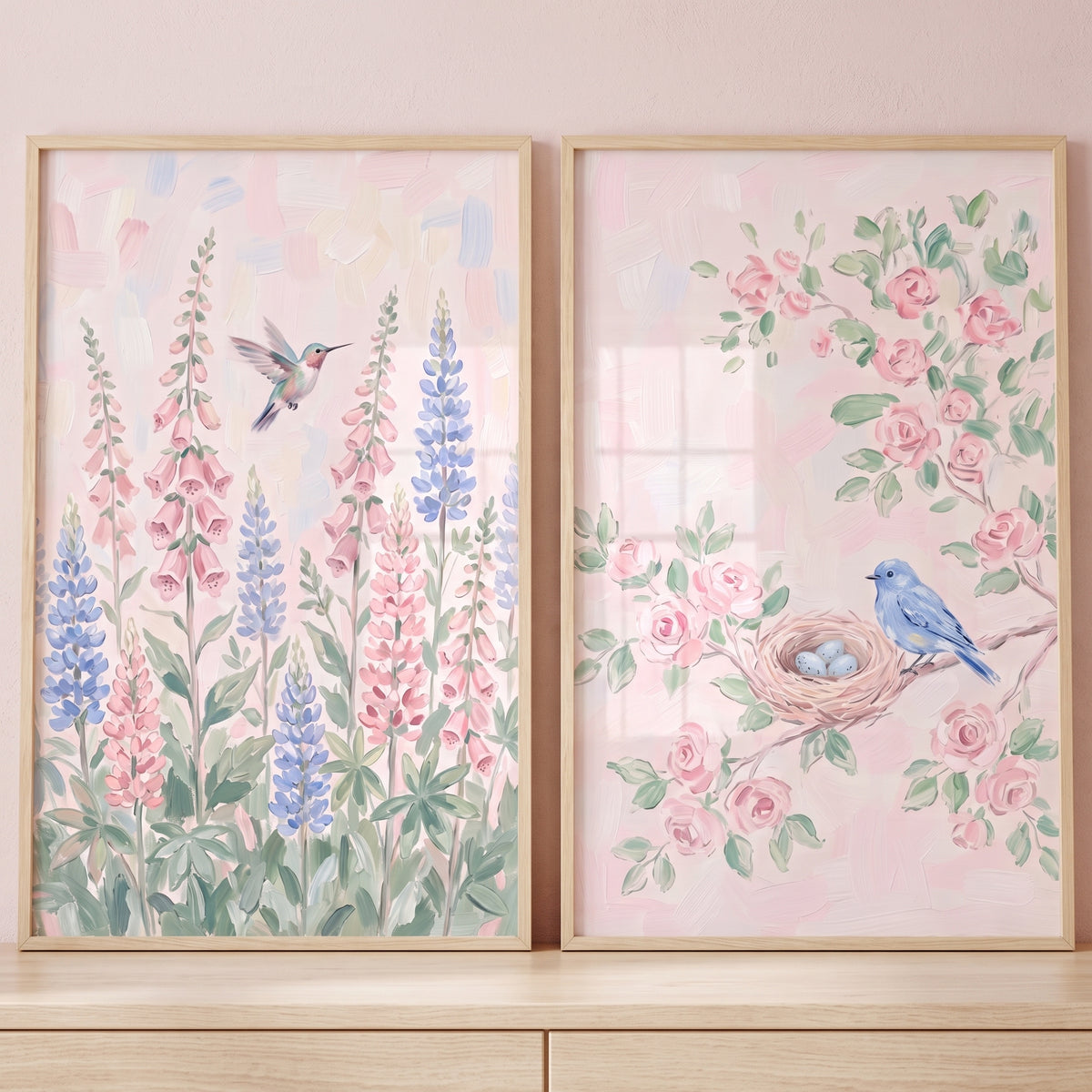 Blush Pink Garden Bird Wall Art Set of 2 - Spring Blossom Haven