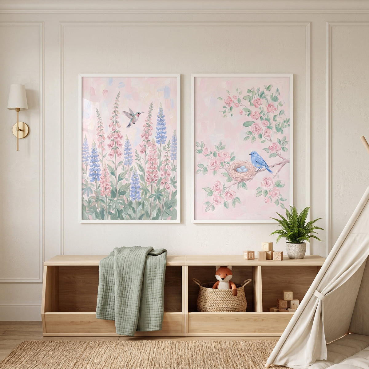 Blush Pink Garden Bird Wall Art Set of 2 - Spring Blossom Haven