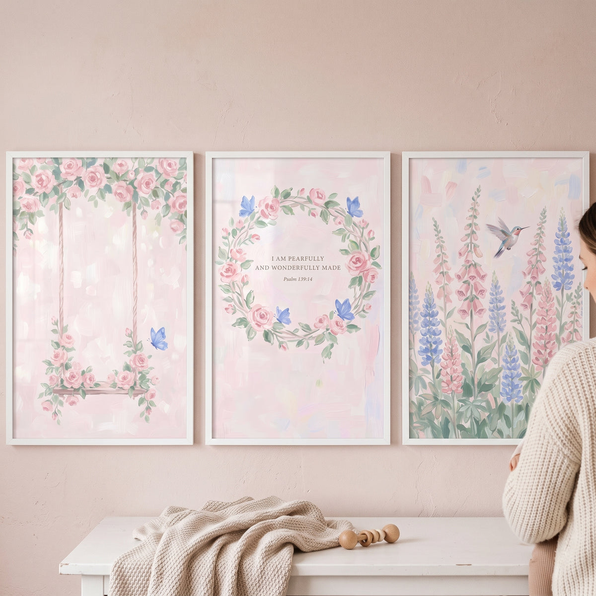 Blush pink garden wall art set of 3 featuring a floral swing, a scripture wreath, and garden flowers with a hummingbird.