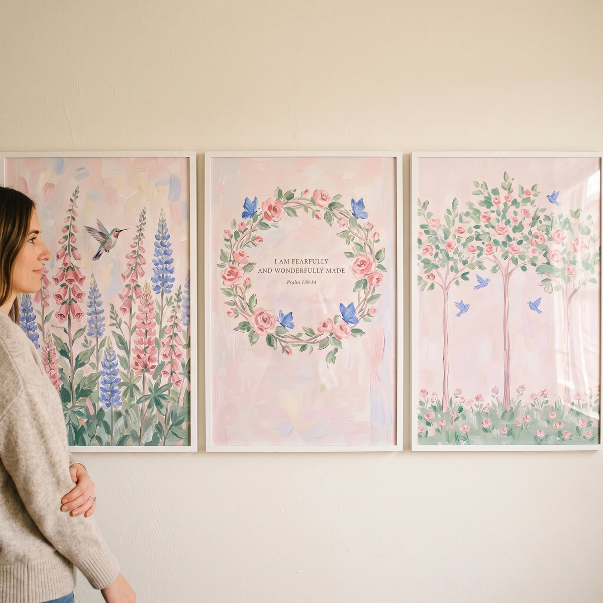 Blush Pink Meadow Garden Wall Art Set of 3 - Wonderfully Made Set
