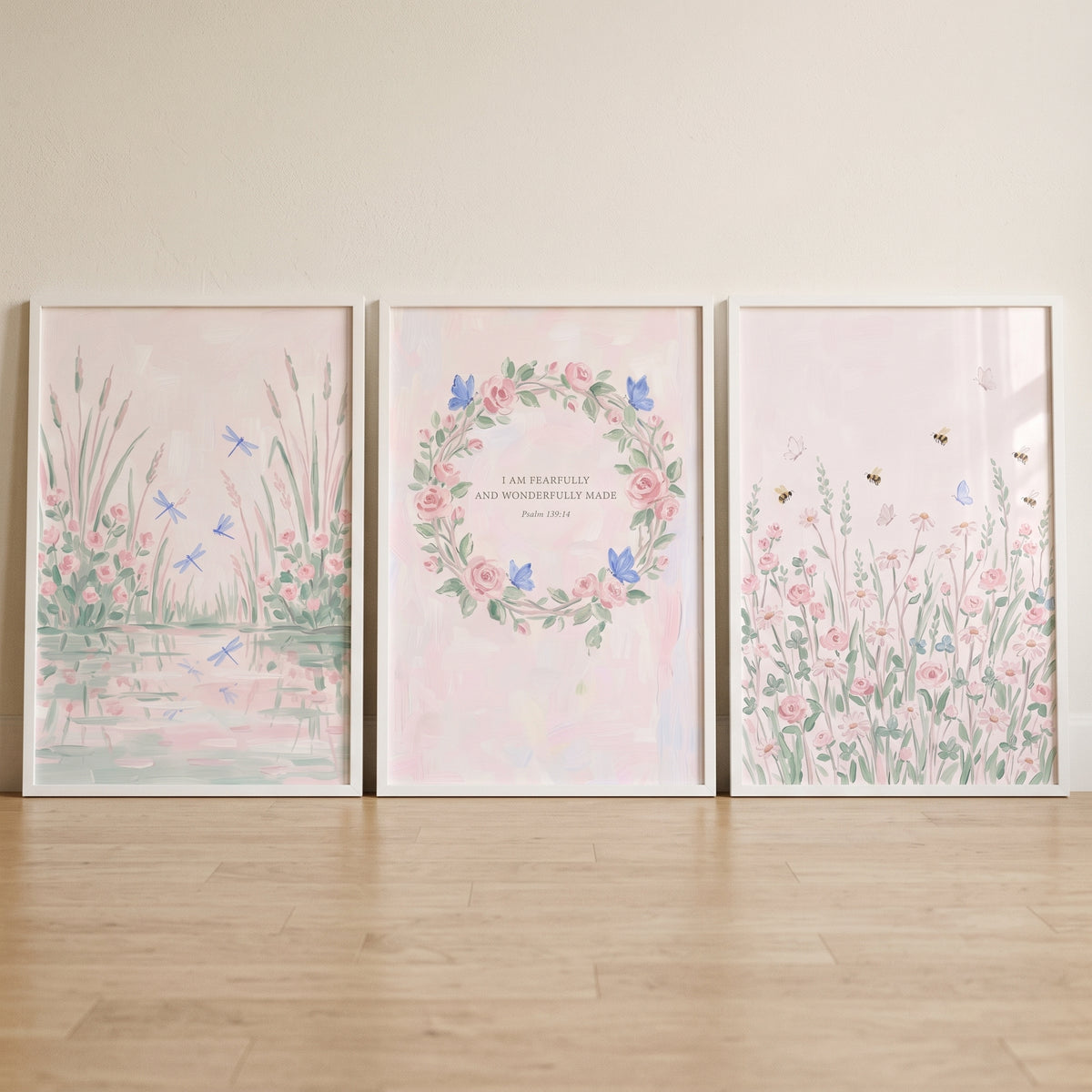 Blush Pink Nature Garden Wall Art Set of 3 - Whimsical Floral Meadow