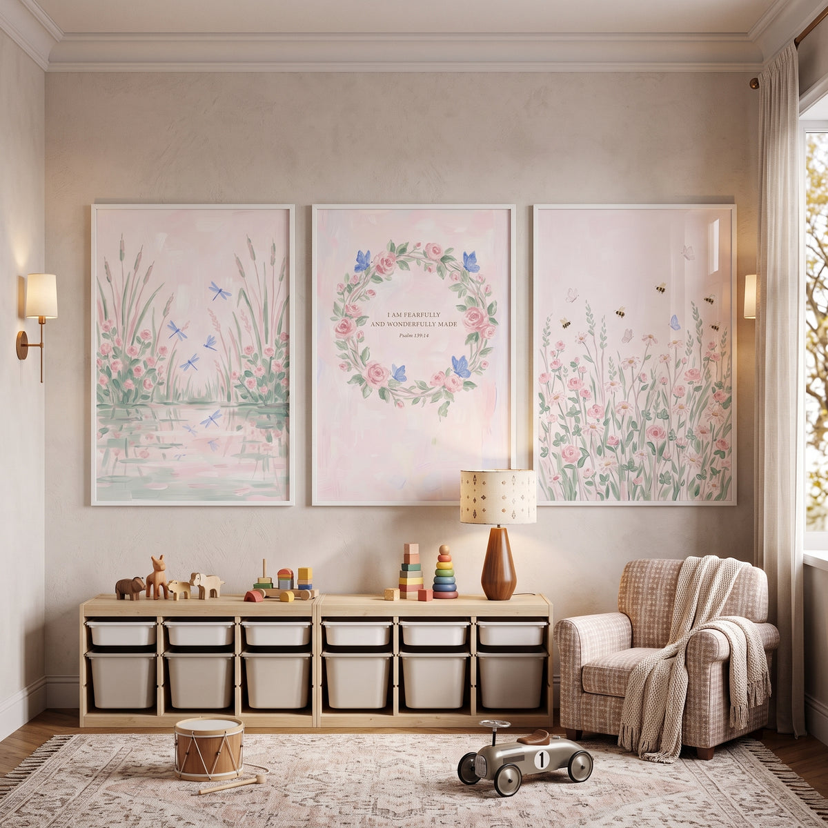 Blush Pink Nature Garden Wall Art Set of 3 - Whimsical Floral Meadow