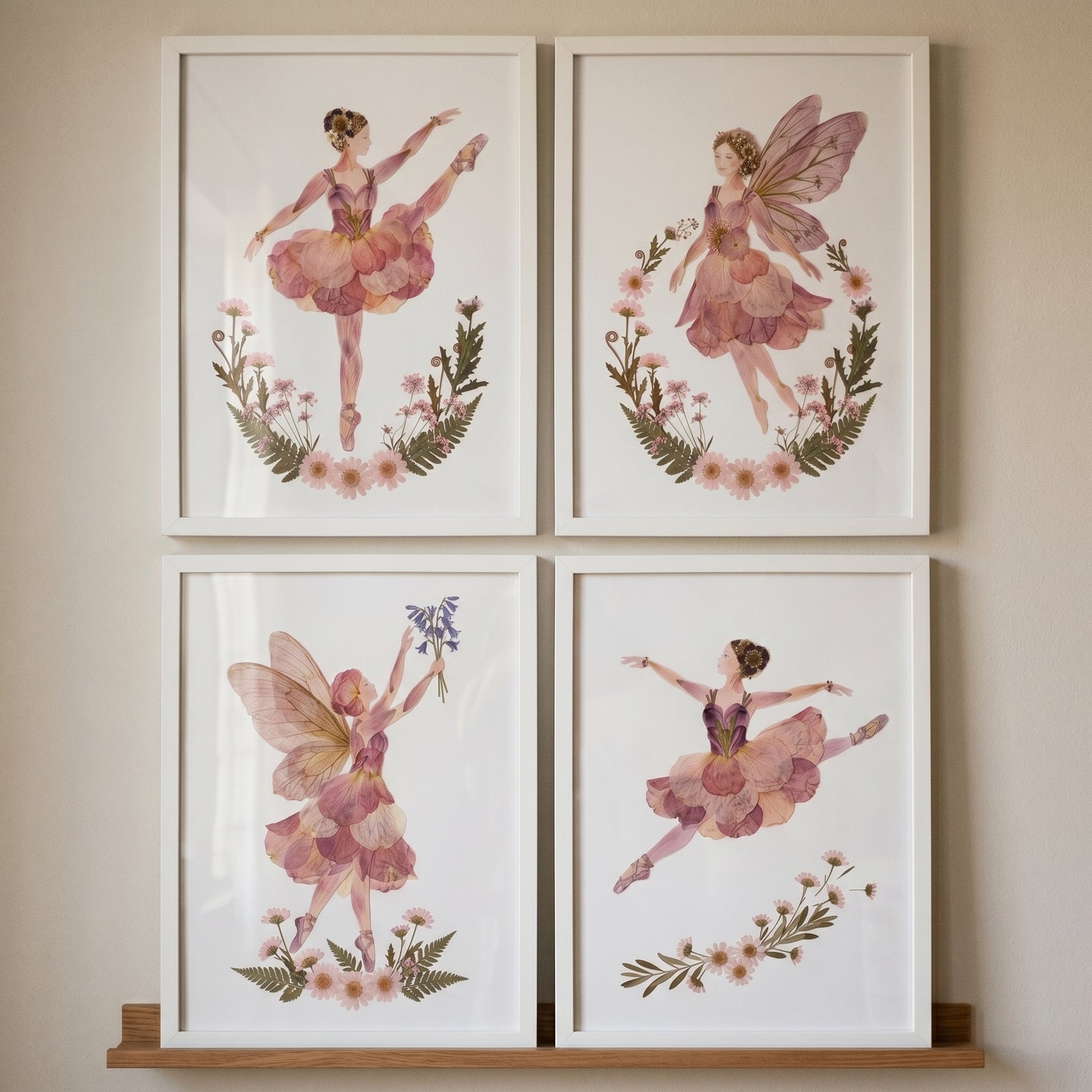 Blush pink petal girl wall art set of 4 features ballerinas and fairies in floral dress illustrations with white frames.