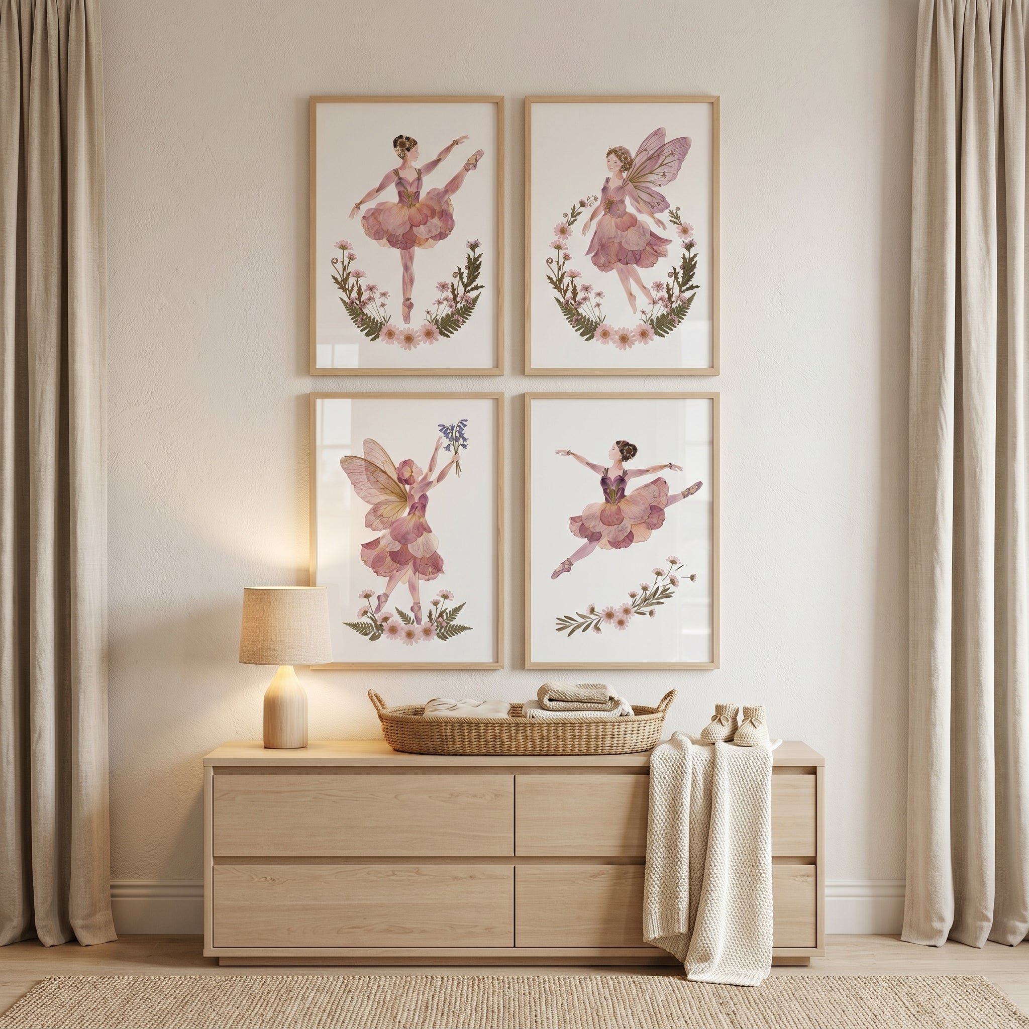 Blush Pink Petal Girl Wall Art Set of 4 - Floral Petal Fairies
