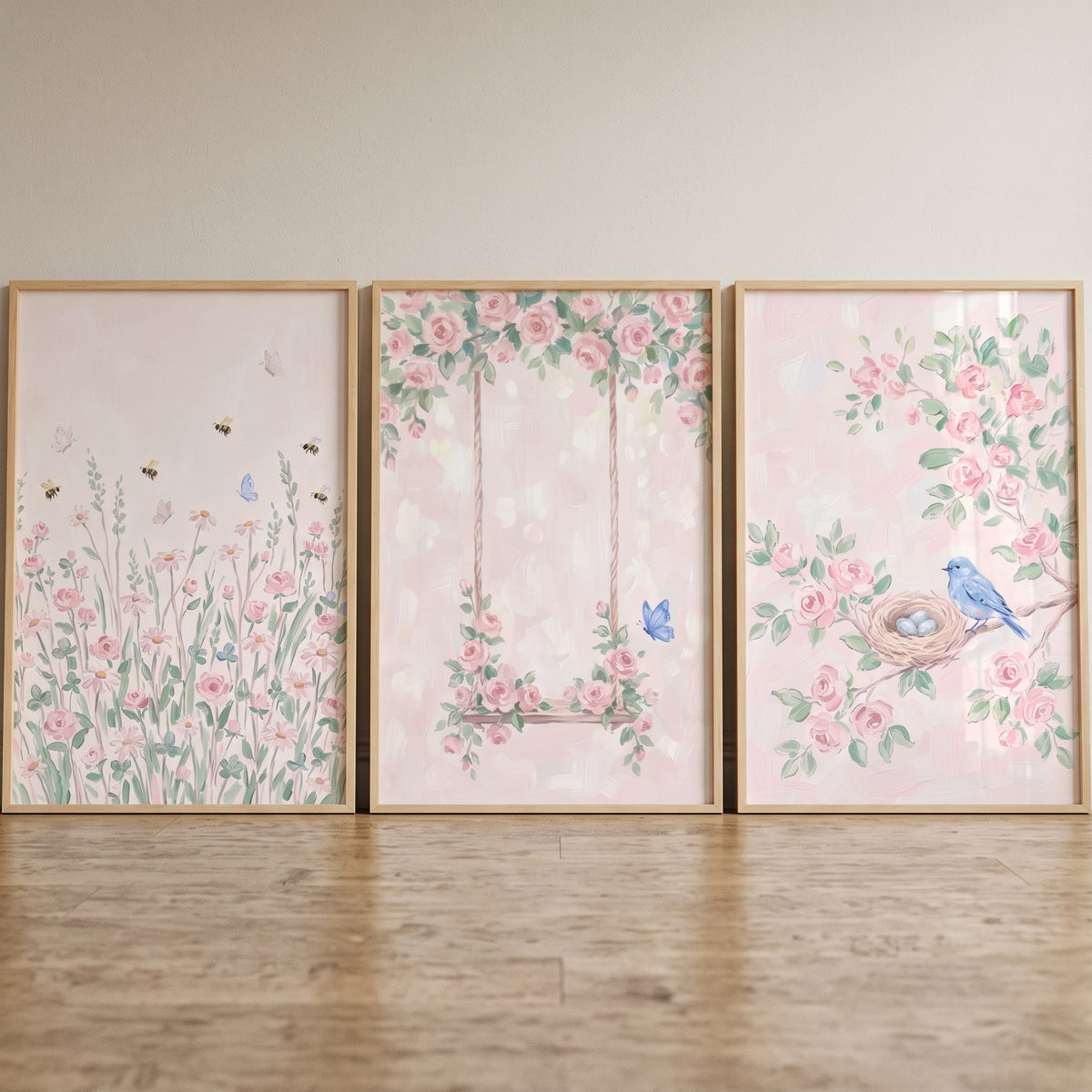 Blush Pink Rose Wall Art Set Of 3 - Soft Spring Blossoms