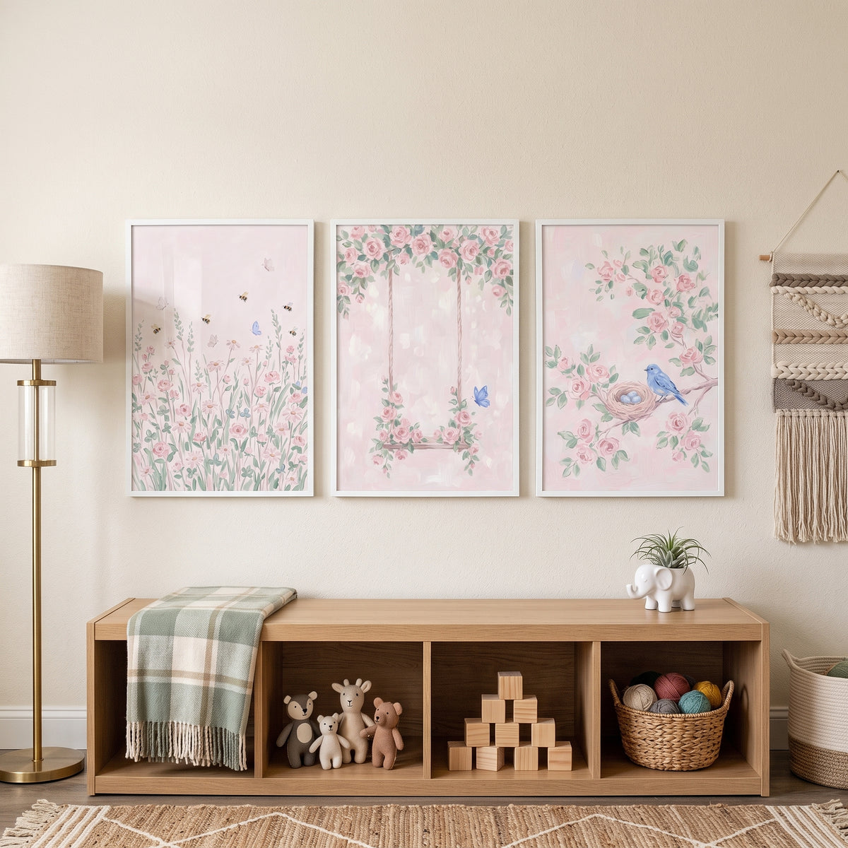 Blush Pink Rose Wall Art Set Of 3 - Soft Spring Blossoms