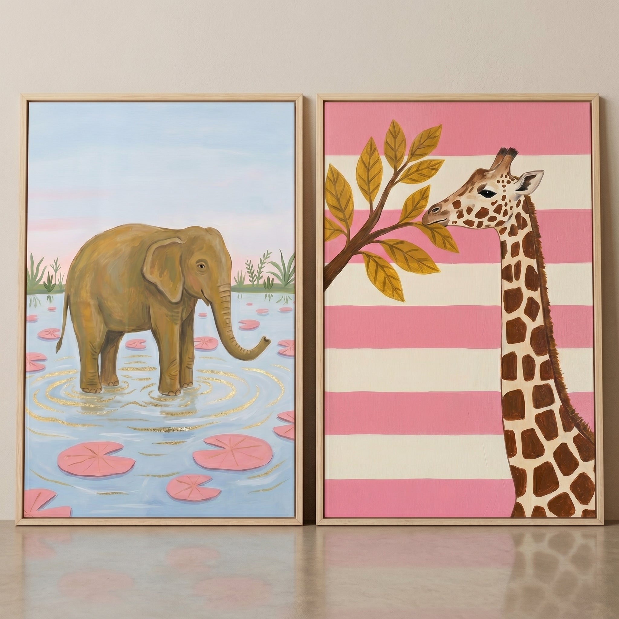 Blush Pink Safari Animal Wall Art Set Of 2 - Safari Friends
