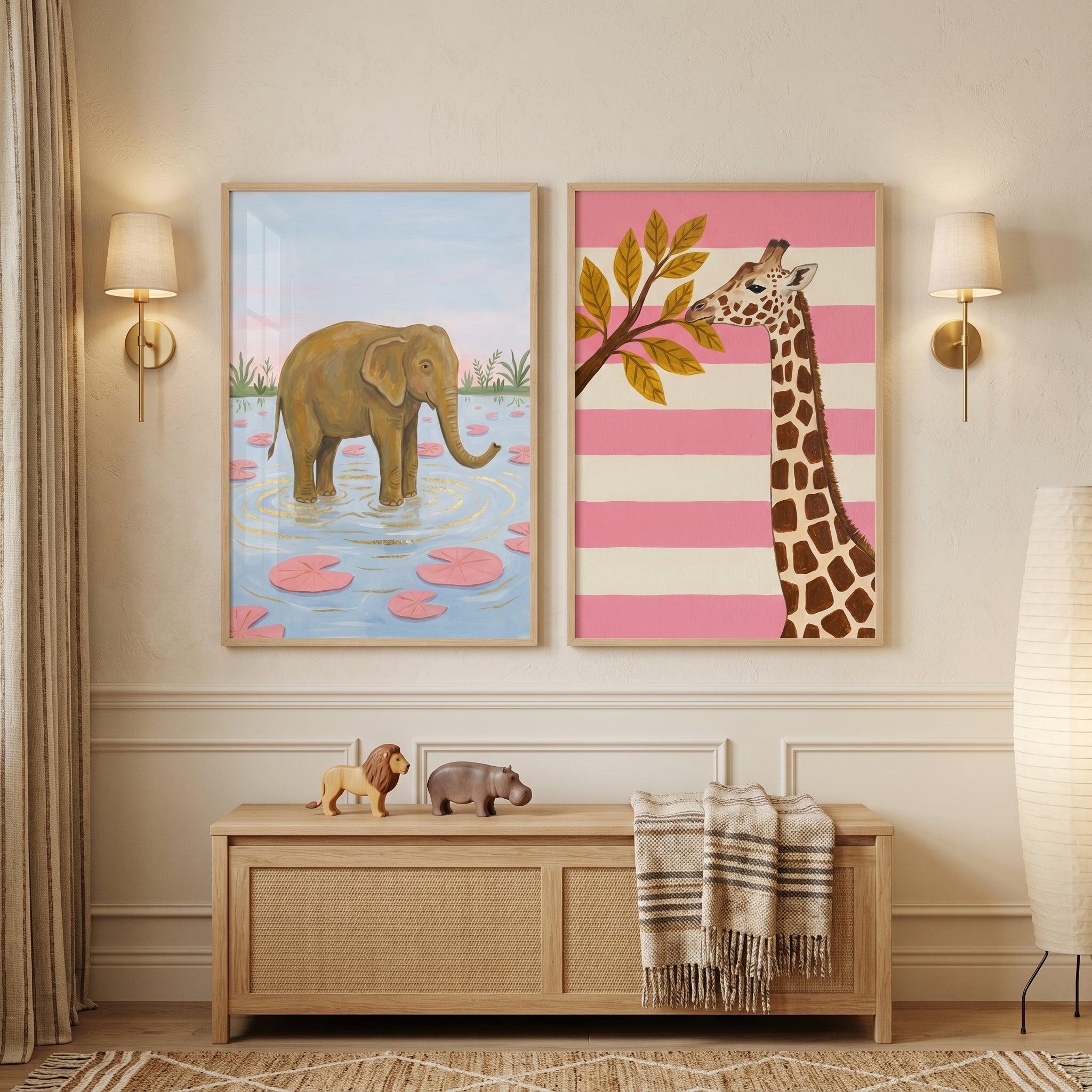 Blush Pink Safari Animal Wall Art Set Of 2 - Safari Friends
