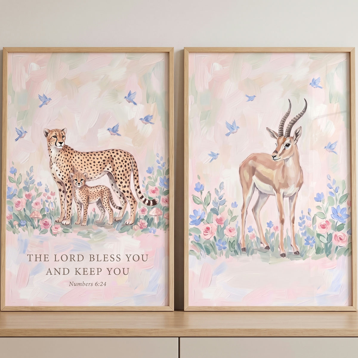 Blush Pink Safari Animals Wall Art Set of 2 - Blessed Savanna Peace