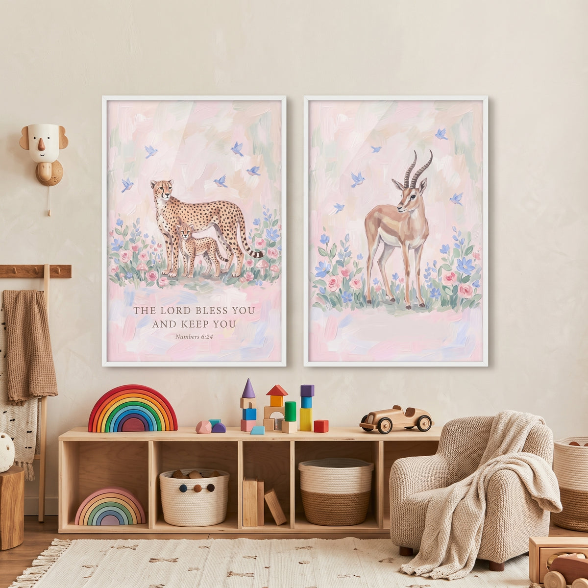 Blush Pink Safari Animals Wall Art Set of 2 - Blessed Savanna Peace