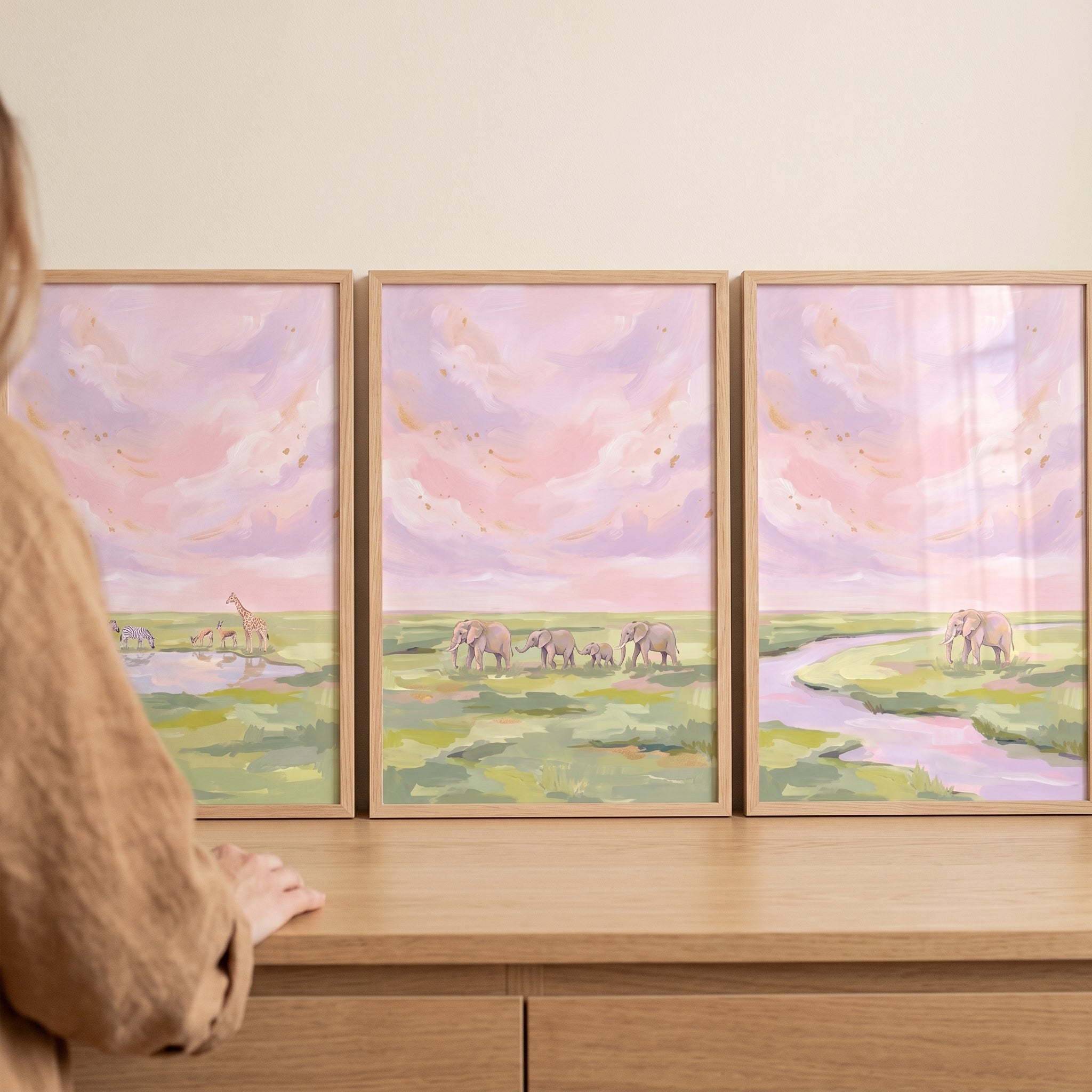 Blush Pink Safari Animals Wall Art Set of 3 - Pink Horizon Safari