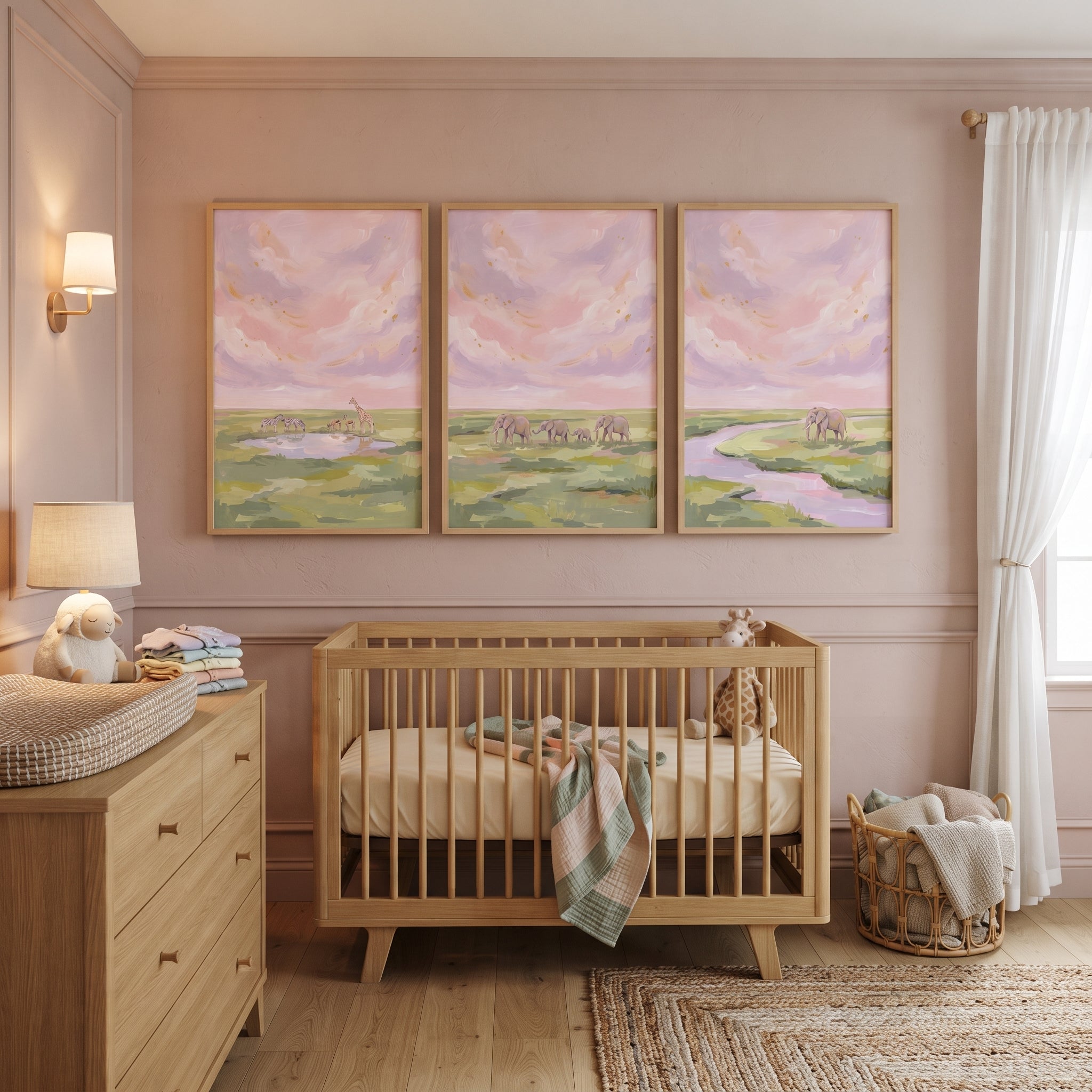 Blush Pink Safari Animals Wall Art Set of 3 - Pink Horizon Safari