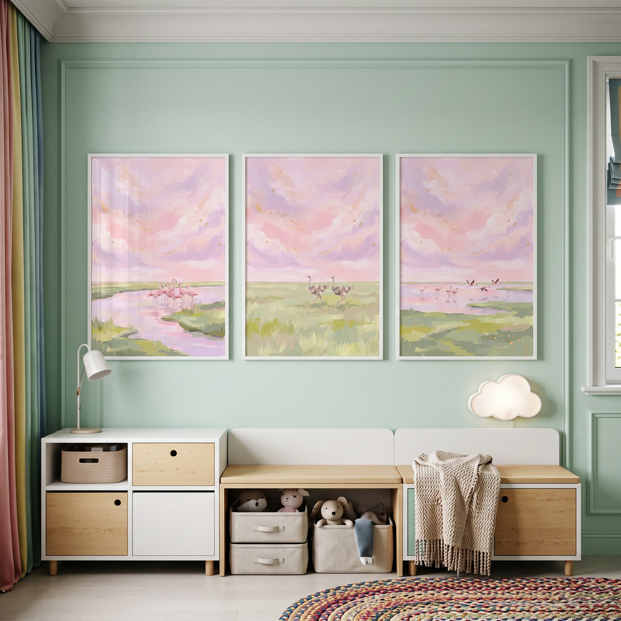 Blush Pink Savanna Birds Wall Art Set Of 3 - Pastel Flamingo Sky