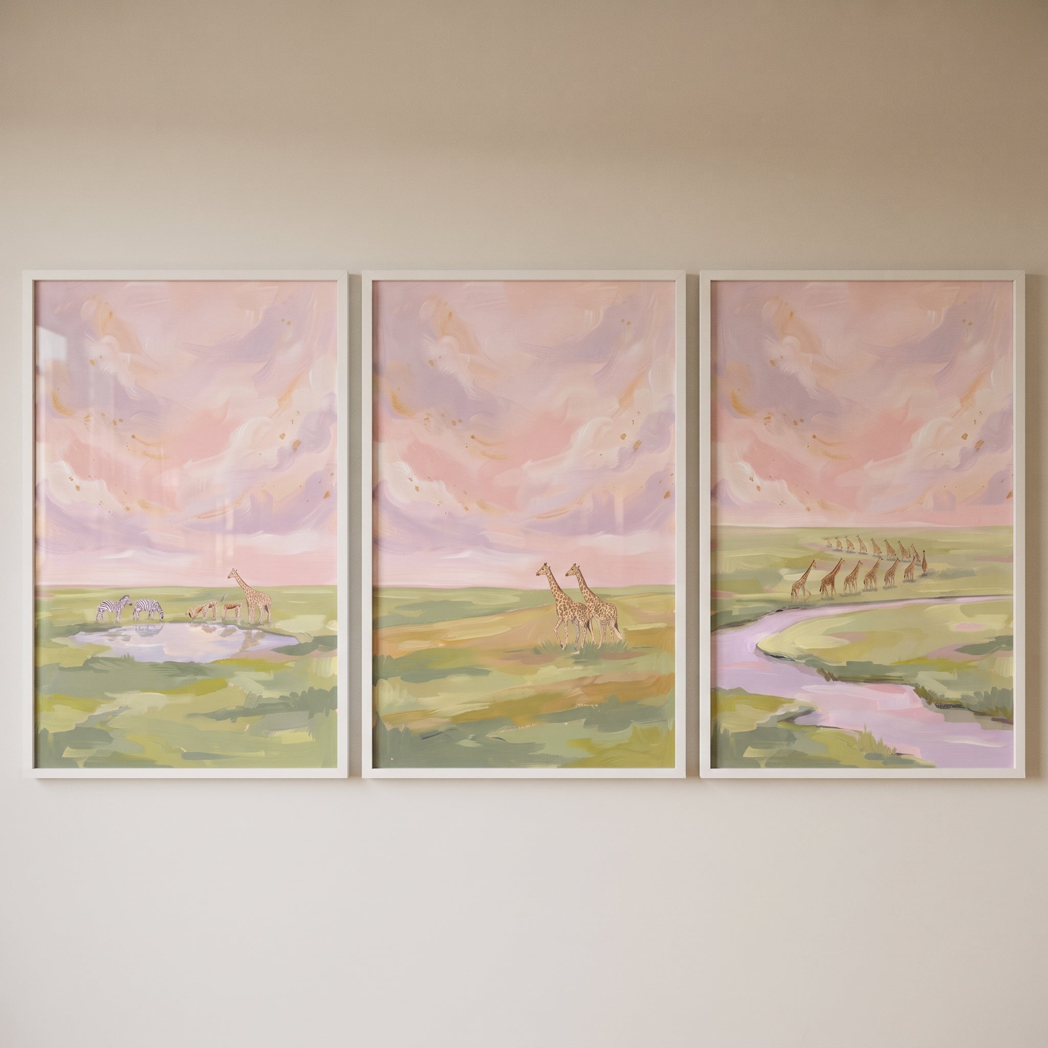 Blush Pink Savanna Giraffe Wall Art Set of 3 - Gentle Giraffe Trail